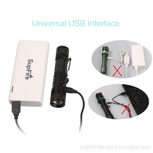 Black portable 10W LED USB18650 rechargeable zoomable flashlight SupFire A2